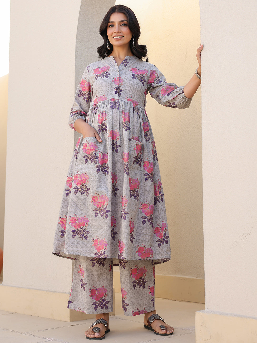 Naari By Shree Grey Pure Cotton Foil Printed Flared Maternity Kurta Set