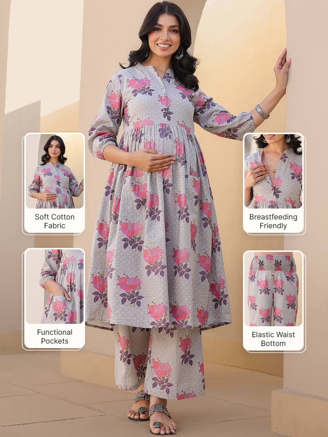 Naari By Shree Grey Pure Cotton Foil Printed Flared Maternity Kurta Set