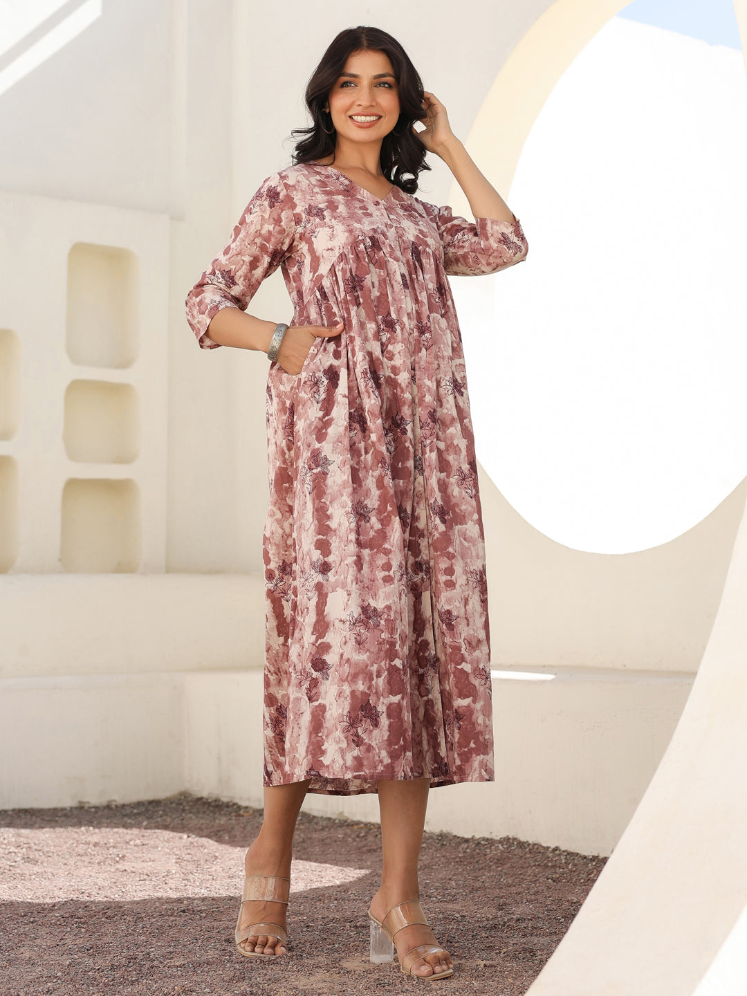 Naari By Shree Mauve Pure Cotton Tie-dye A-line Maternity Dress