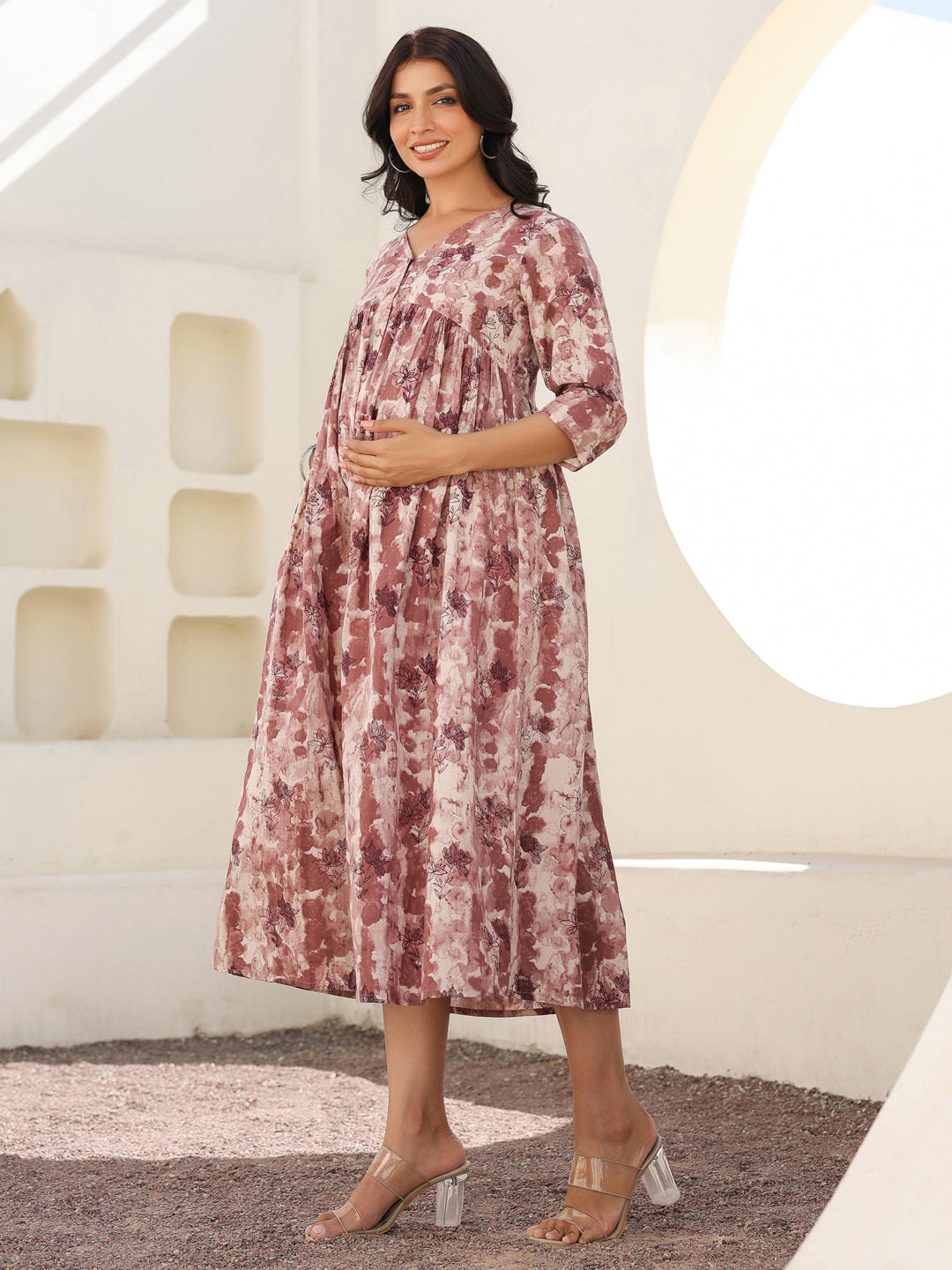 Naari By Shree Mauve Pure Cotton Tie-dye A-line Maternity Dress