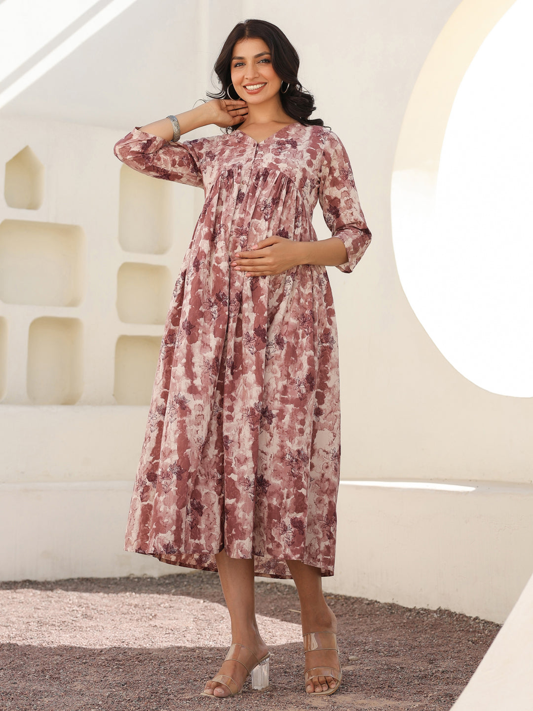 Naari By Shree Mauve Pure Cotton Tie-dye A-line Maternity Dress
