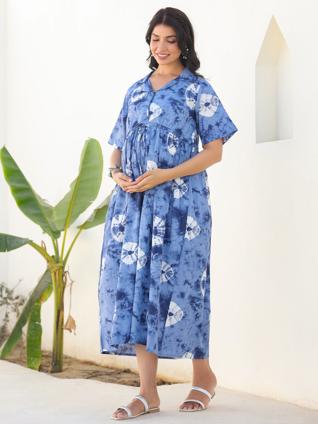 Naari By Shree Blue Pure Cotton Tie & Dye Gathered Maternity Dress
