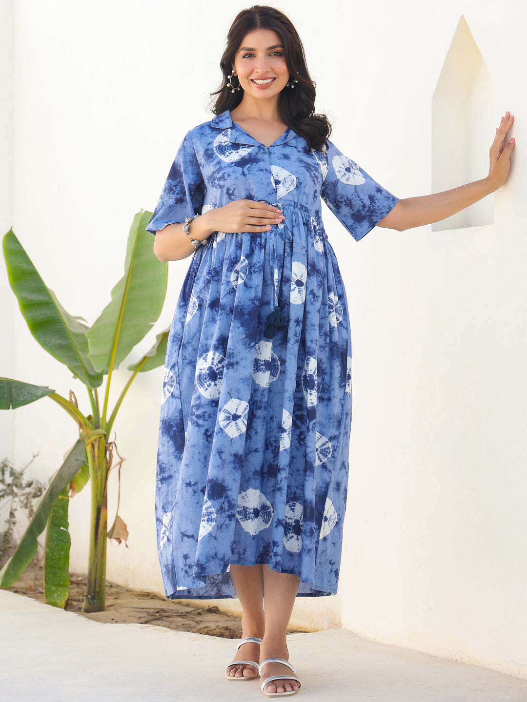 Naari By Shree Blue Pure Cotton Tie & Dye Gathered Maternity Dress