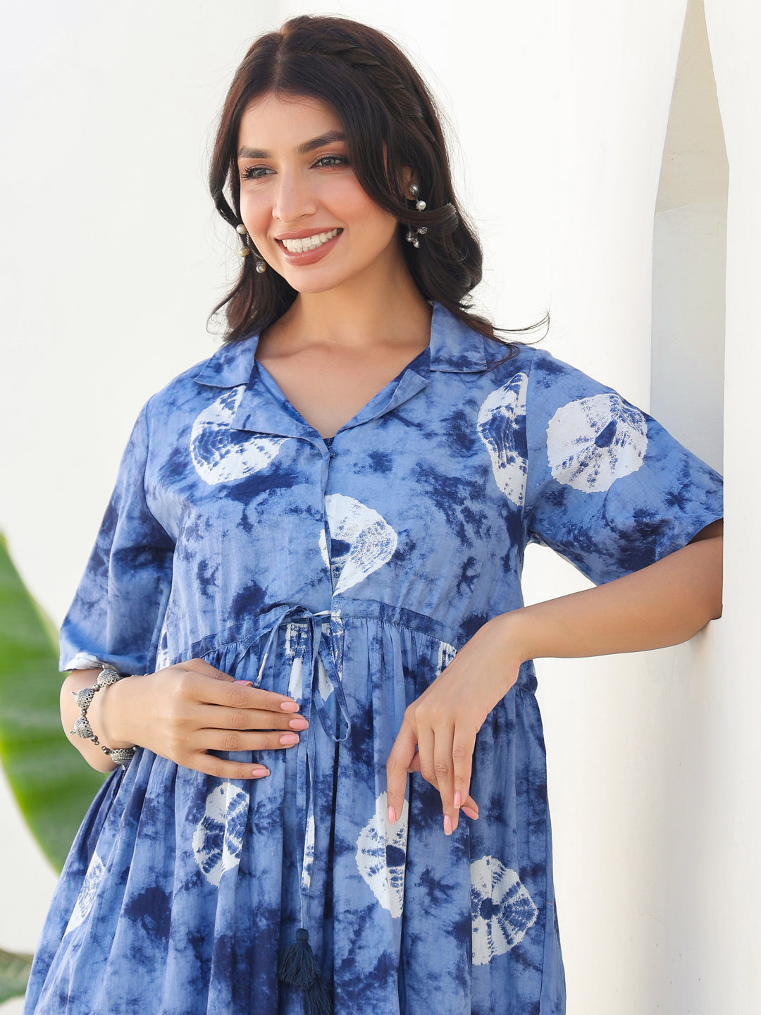 Naari By Shree Blue Pure Cotton Tie & Dye Gathered Maternity Dress