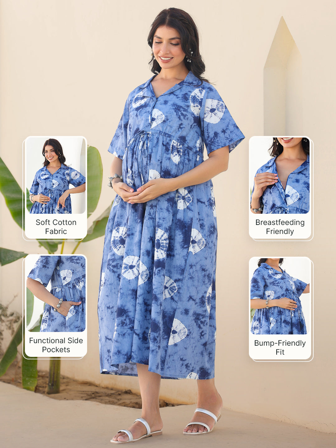 Naari By Shree Blue Pure Cotton Tie & Dye Gathered Maternity Dress