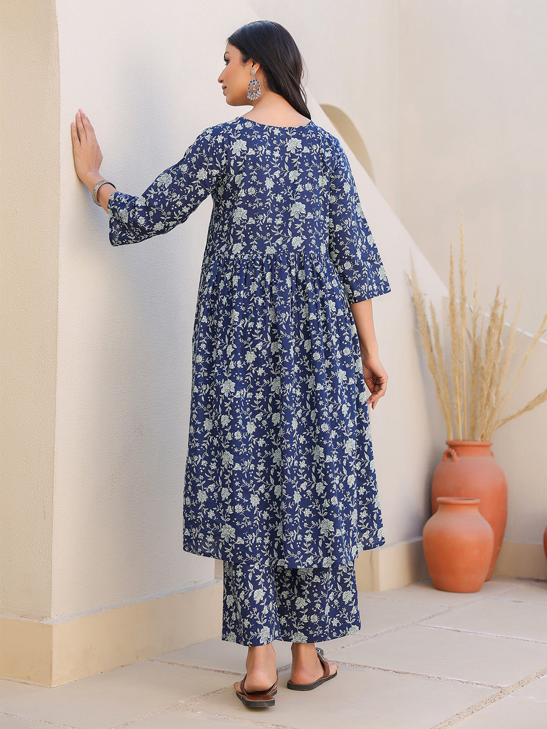 Naari By Shree Indigo Pure Cotton Floral Printed Gathered Maternity Kurta Set