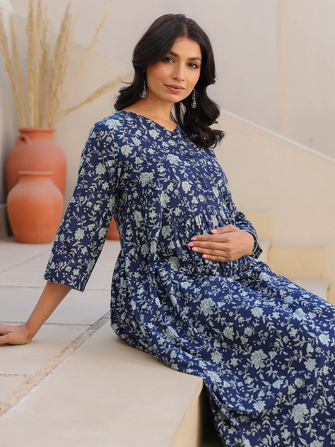 Naari By Shree Indigo Pure Cotton Floral Printed Gathered Maternity Kurta Set