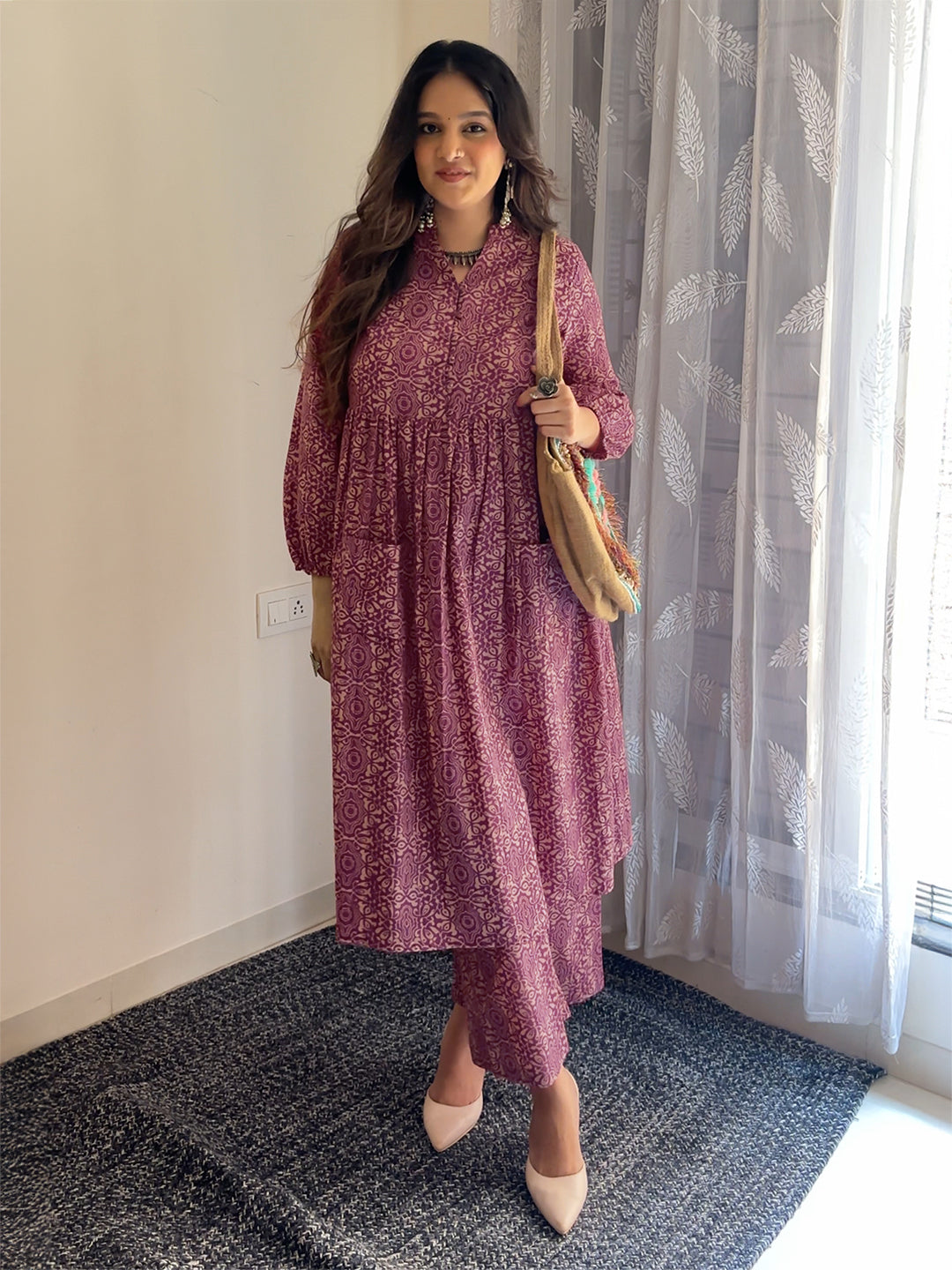 Naari By Shree Magenta Pure Cotton Ethnic Motifs A-line Maternity Kurta Set