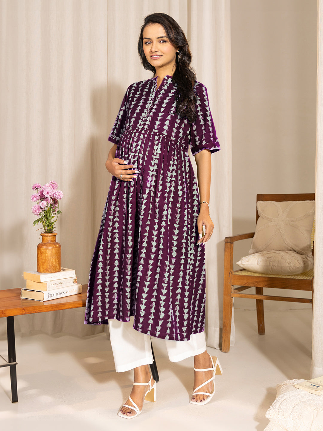Naari By Shree Wine Pure Cotton Geometric Printed A-Line Kurta