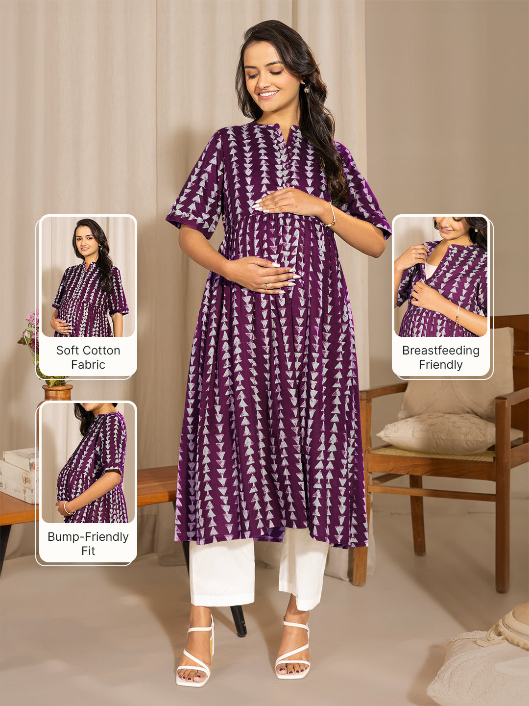 Naari By Shree Wine Pure Cotton Geometric Printed A-Line Kurta