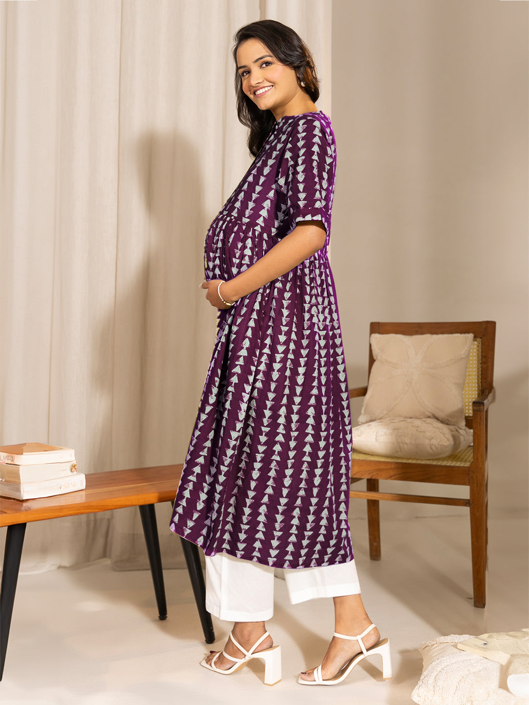Naari By Shree Wine Pure Cotton Geometric Printed A-Line Kurta