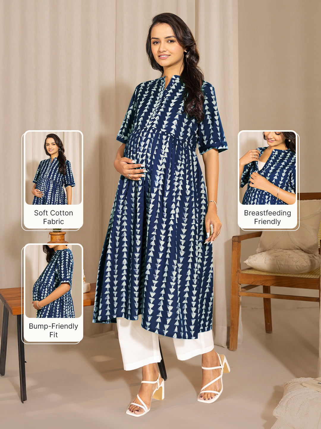 Naari By Shree Indigo Pure Cotton Geometric Printed A-line Maternity Kurta