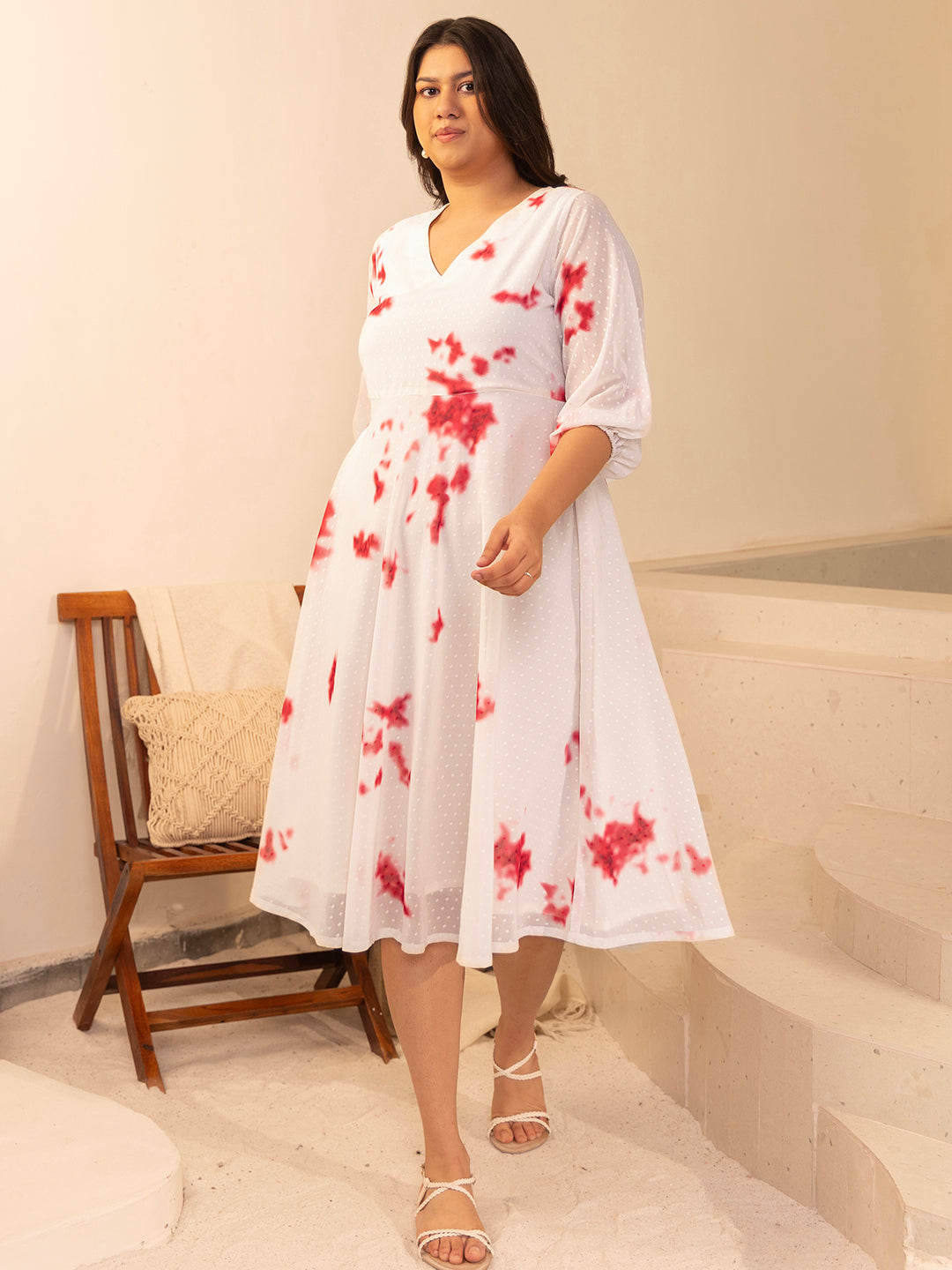 Naari By Shree Plus Size Off White Dobby Georgette Tie & Dye Fit & Flare Dress