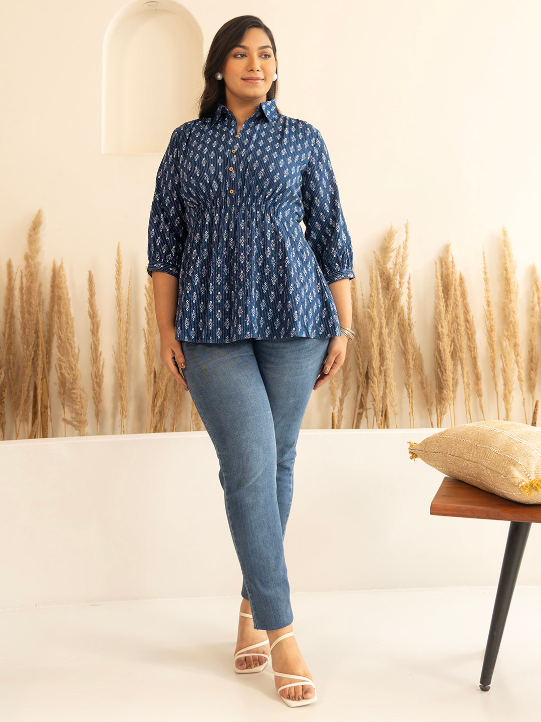 Naari By Shree Plus Size Dark Blue Cotton Ethnic Motifs A-Line Top