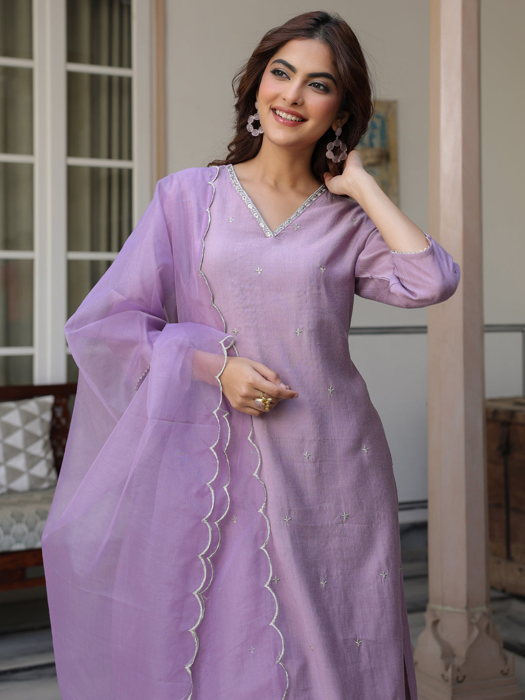 Naari By Shree Women's Lavender Chinon Embellished Kurta with Pant and Dupatta