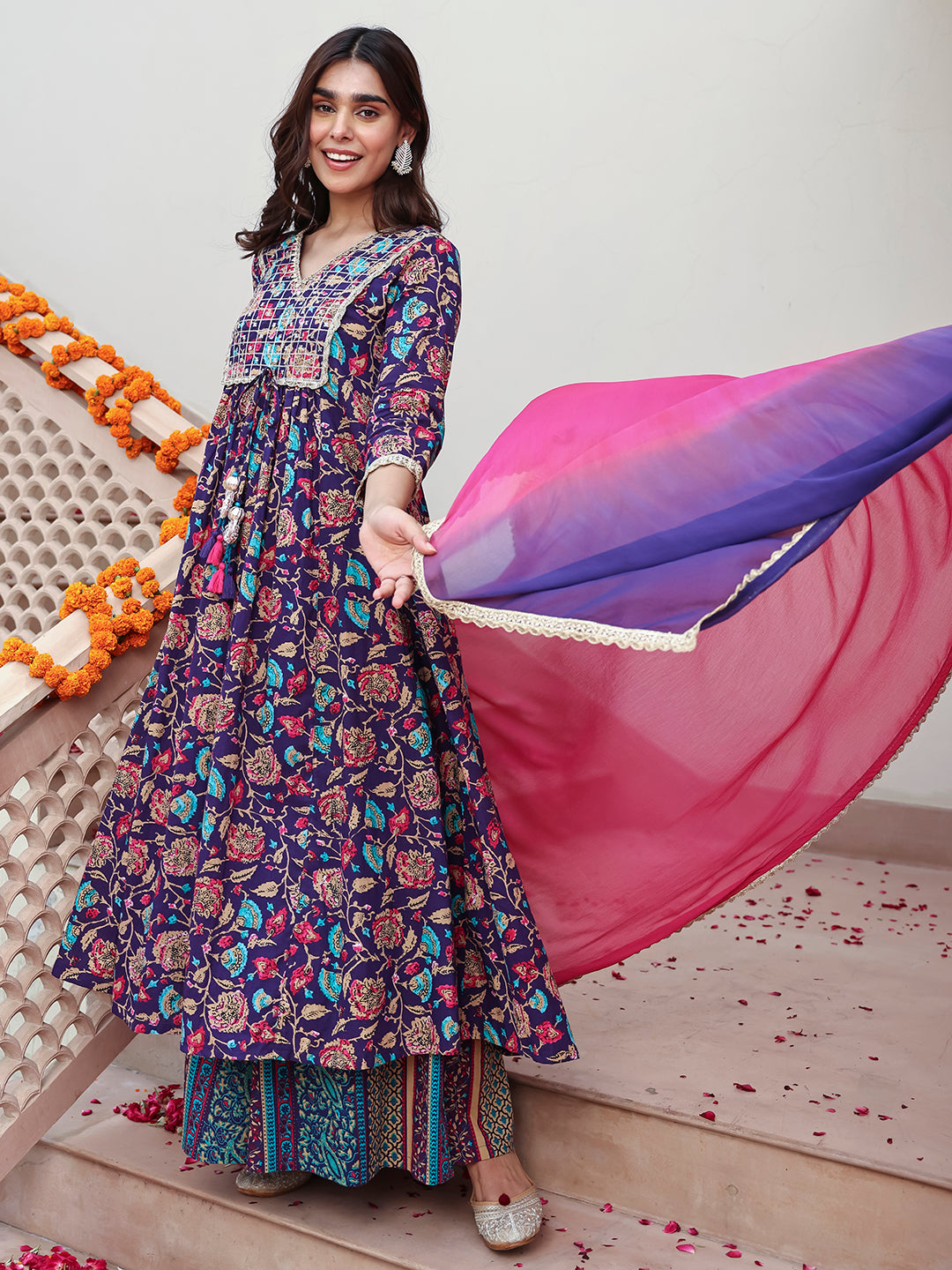 Naari By Shree Purple Cotton Embellished Ethnic Printed Kurta with Flared Palazzo and Dupatta