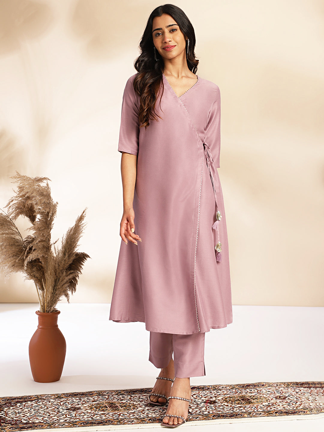 Naari By Shree Lavender Silk Blend Solid Angrakha Kurta Set