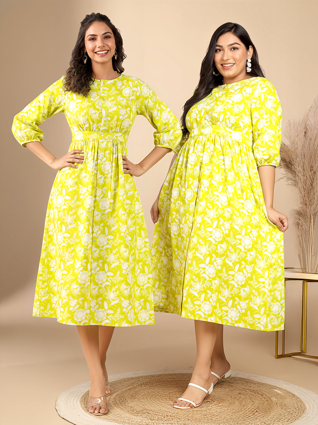 Naari By Shree Plus Size Lime Cotton Floral Gathered Dress