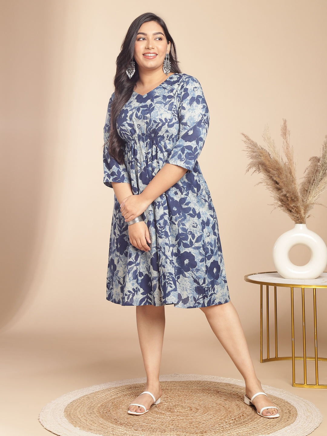Naari By Shree Plus Size Indigo Cotton Floral Gathered Dress