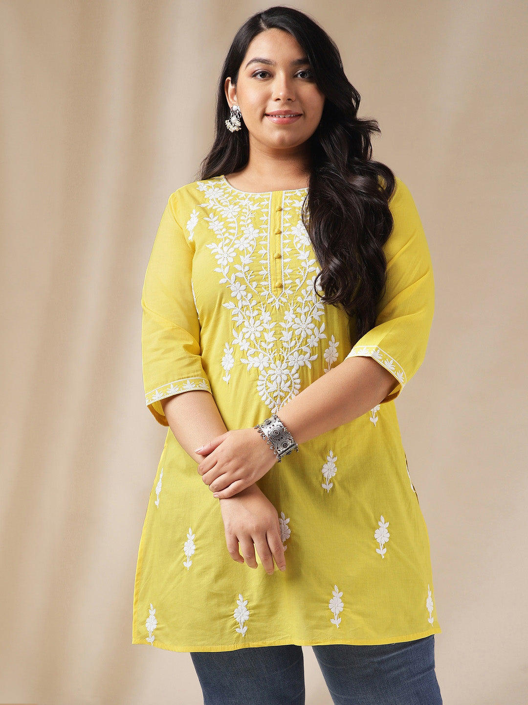 Naari By Shree Plus Size Yellow Cotton Chikankari Regular Tunic