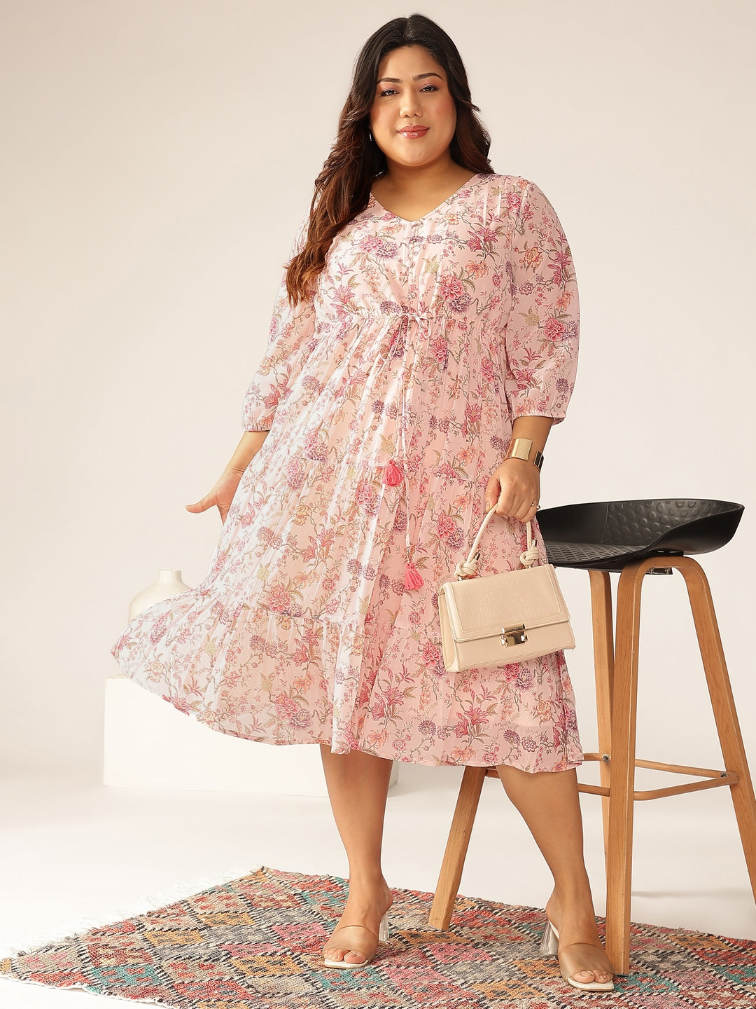 Naari By Shree Plus Size Pink Georgette Floral Printed Tiered Dress