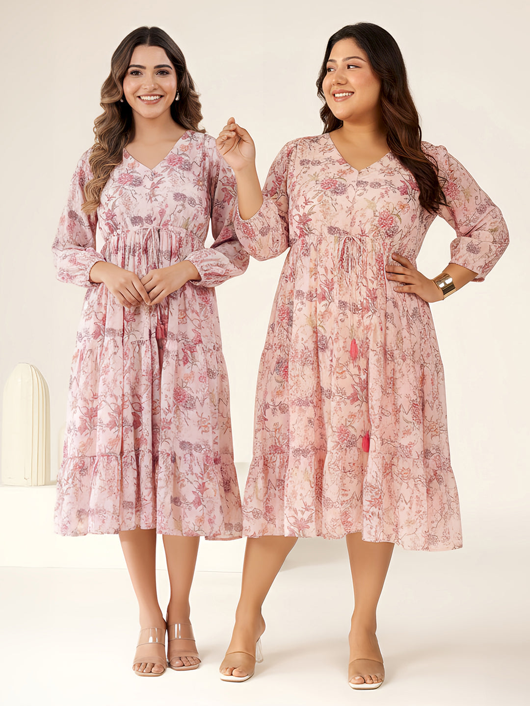 Naari By Shree Plus Size Pink Georgette Floral Printed Tiered Dress