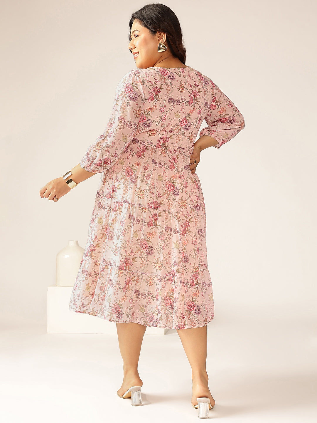 Naari By Shree Plus Size Pink Georgette Floral Printed Tiered Dress