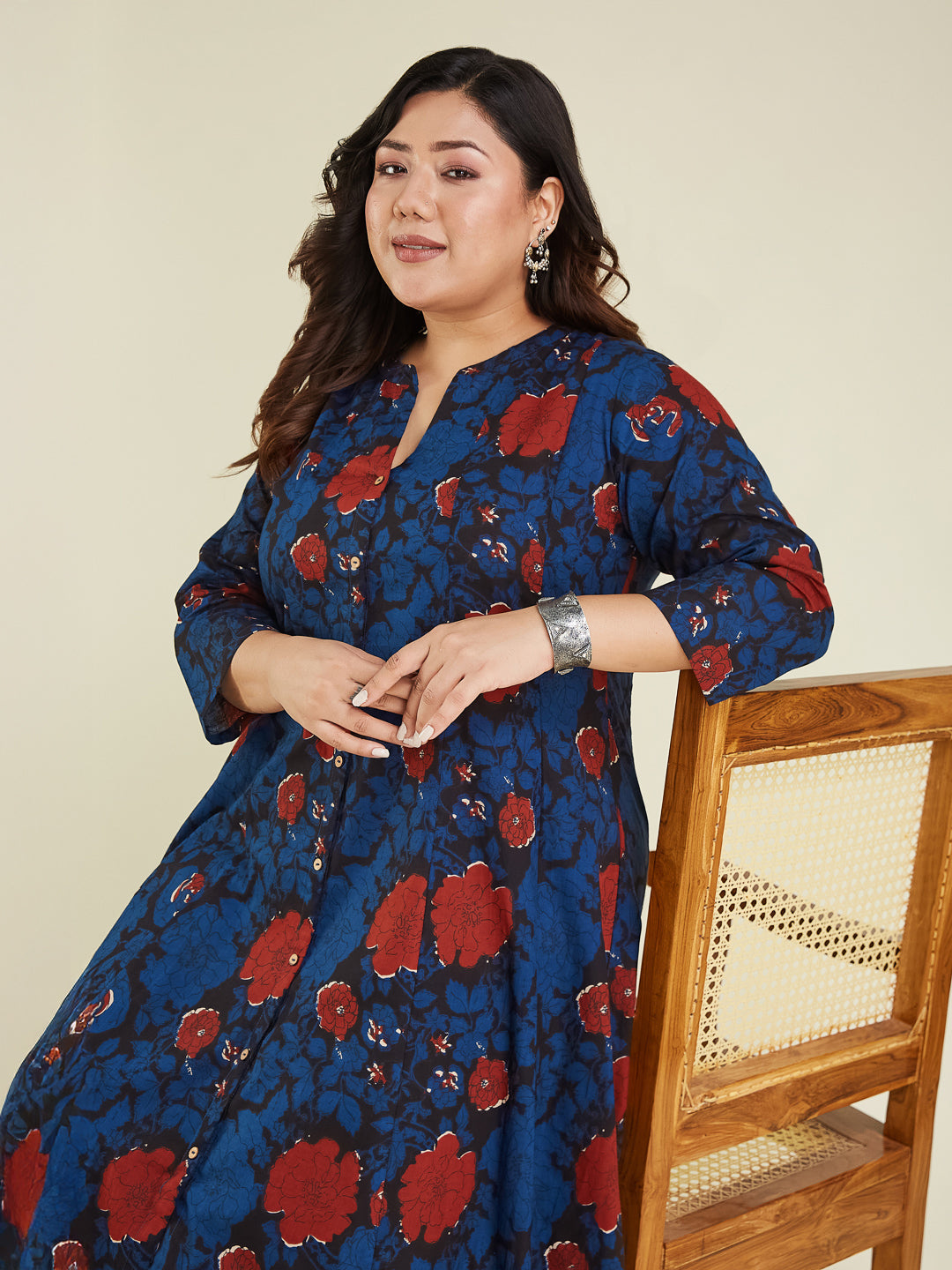 Naari By Shree Women's Plus Size Navy Blue Pure Cotton Floral Printed A-line Kurta Pant Set