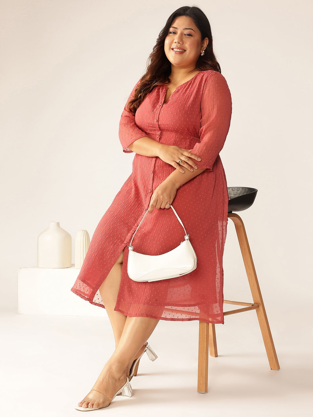 Naari By Shree Women's Plus Size Mauve Dobby Chiffon Self Design A-line Kurta