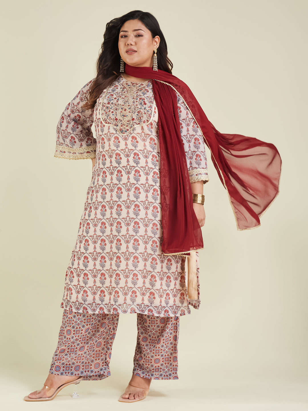 Naari By Shree Women's Plus Size Cream & Maroon Georgette Embroidered Ajrakh Printed Straight Kurta Set