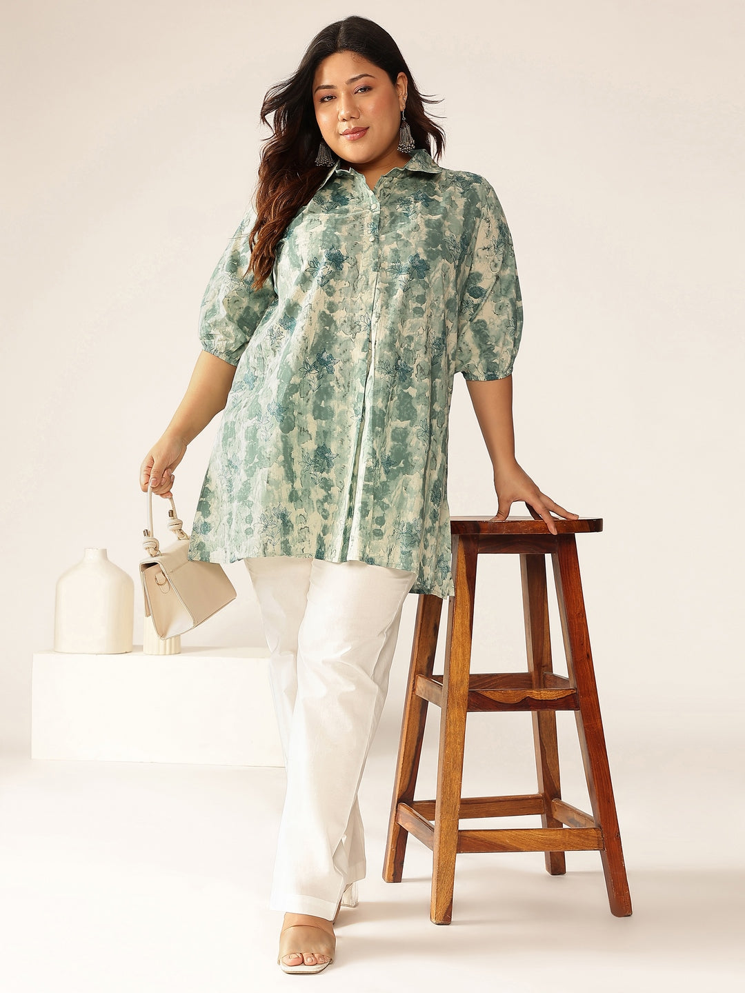 Naari By Shree Plus Size Aqua Pure Cotton Tie & Dye A-line Tunic