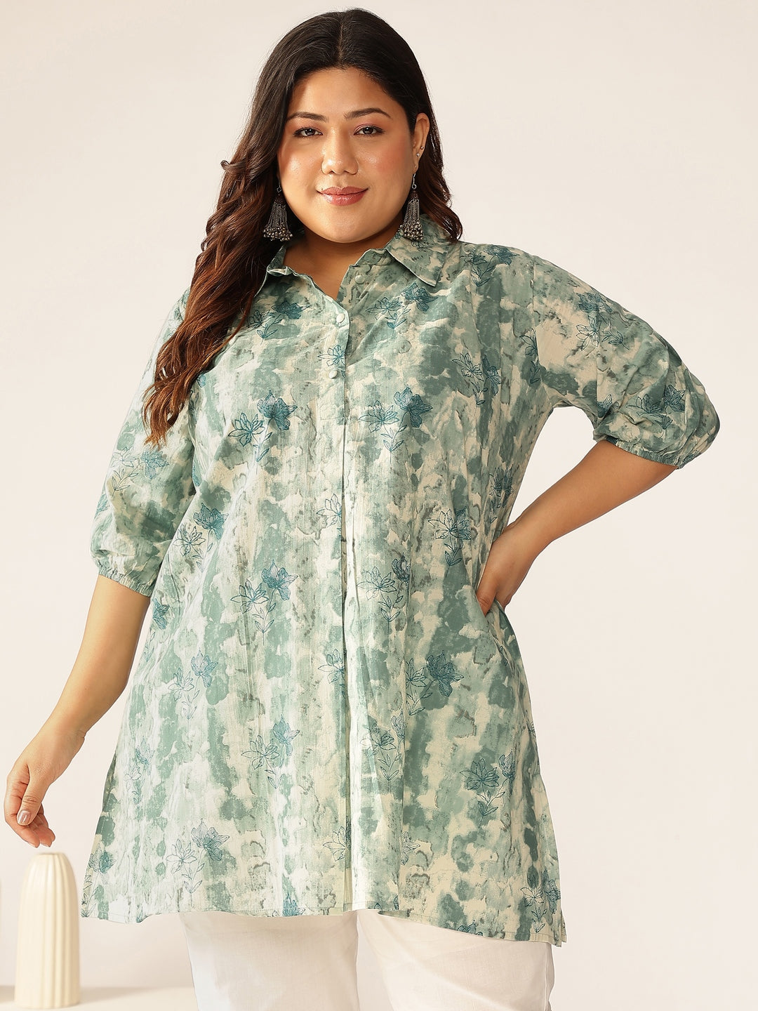 Naari By Shree Plus Size Aqua Pure Cotton Tie & Dye A-line Tunic