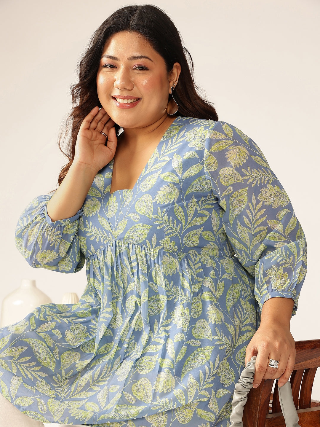 Naari By Shree Plus Size Blue Georgette Tropical Printed A-line Tunic