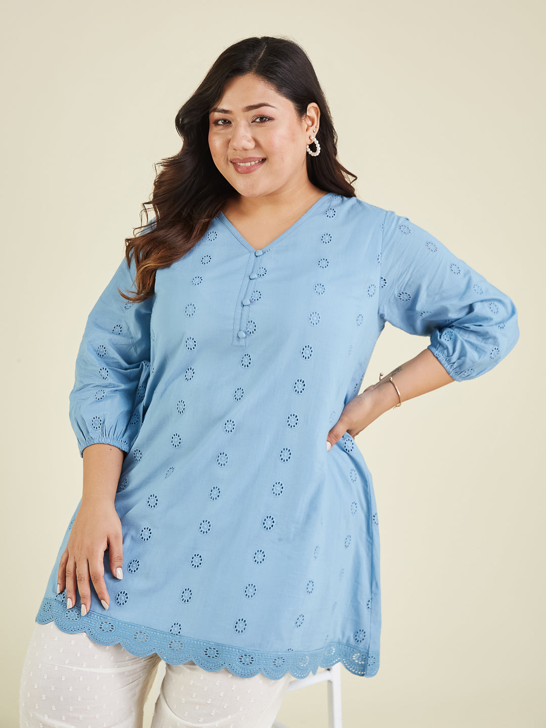 Naari By Shree Women's Plus Size Light Blue Pure Cotton Schiffli Embroidered A-line Tunic