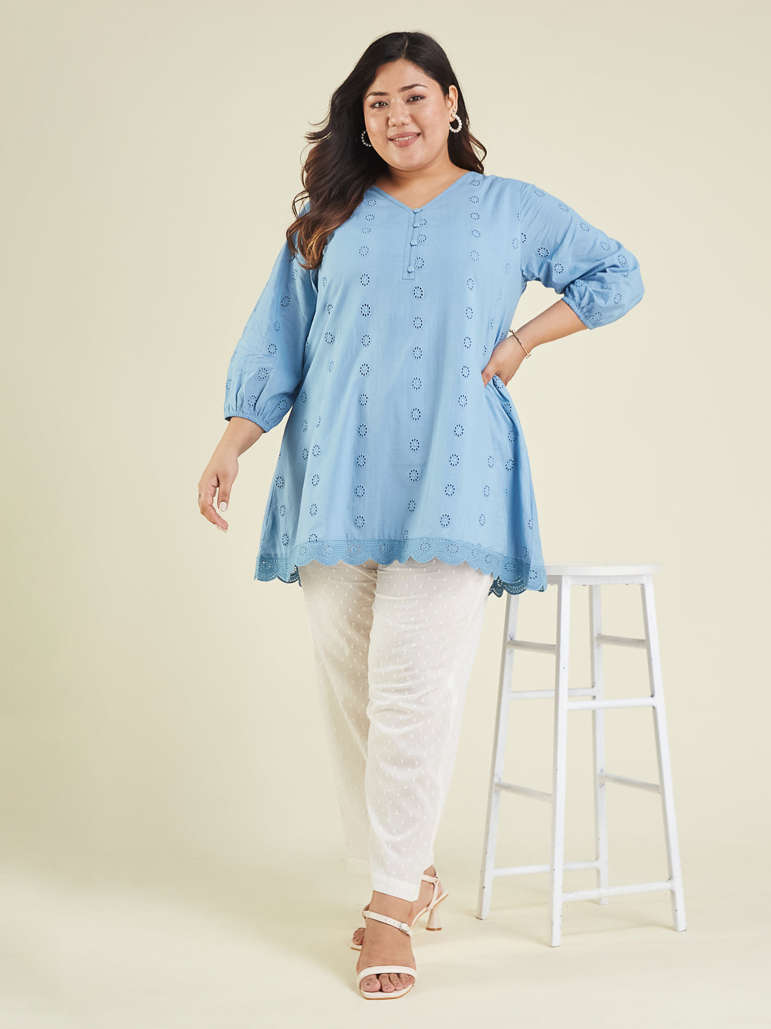 Naari By Shree Women's Plus Size Light Blue Pure Cotton Schiffli Embroidered A-line Tunic
