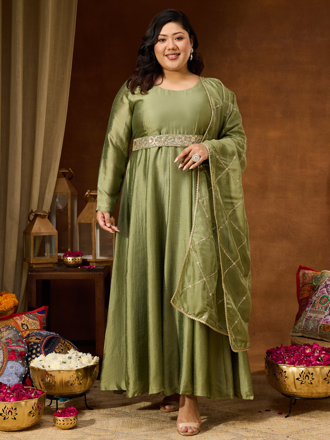 Naari By Shree Women's Plus Size Sage Green Silk Blend Flared Gown With Embellished Belt