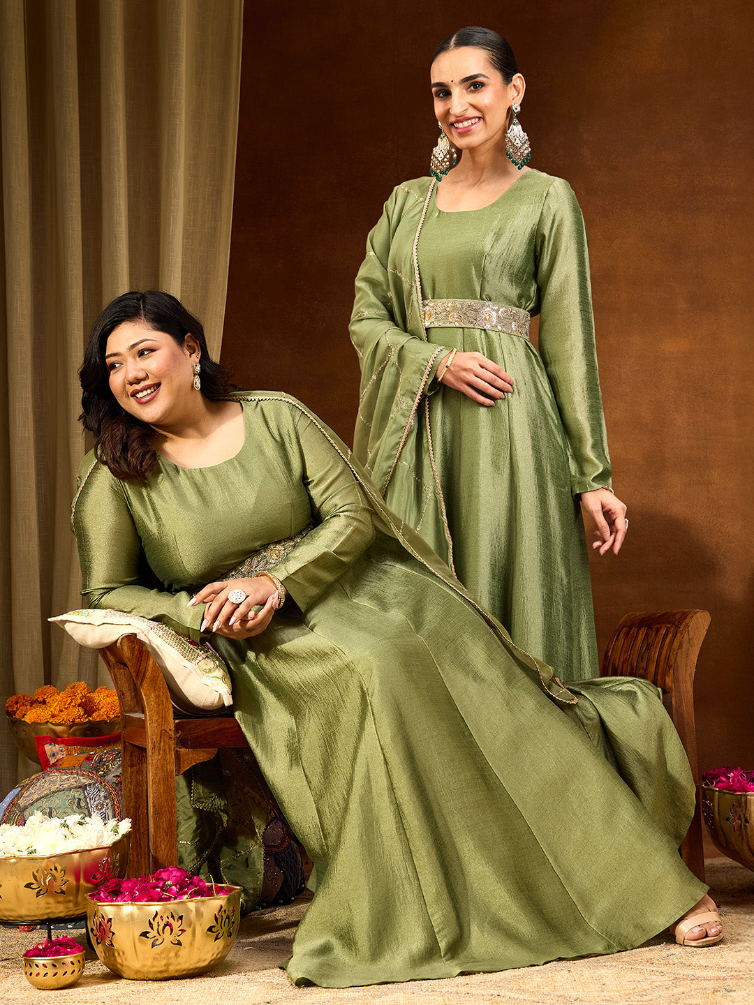 Naari By Shree Women's Sage Green Silk Blend Flared Gown With Embellished Belt