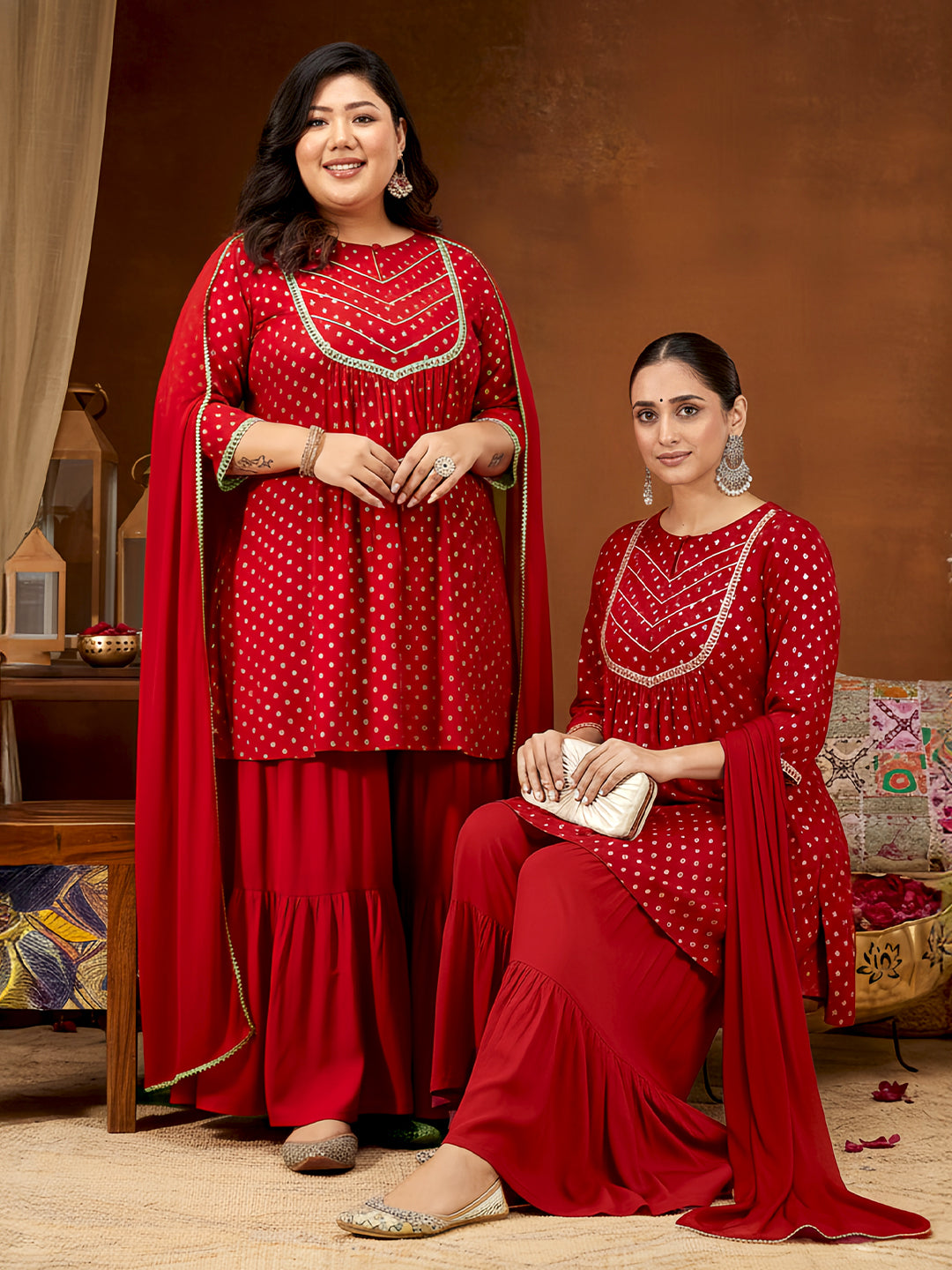 Naari By Shree Women's Red Rayon Embellished Gold Printed A-line Kurta With Sharara & Dupatta Set