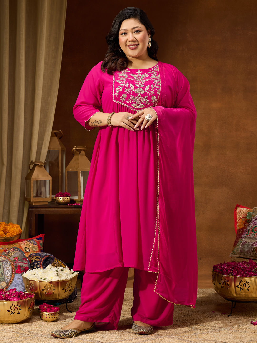Naari By Shree Women's Plus Size Pink Georgette Yoke Zari Embroidered A-line Kurta Set