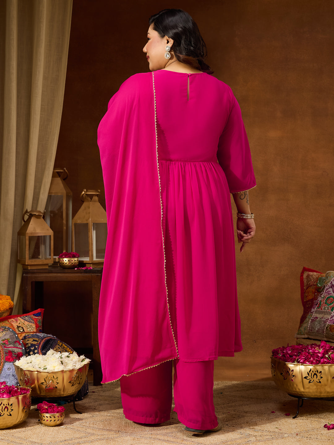 Naari By Shree Women's Plus Size Pink Georgette Yoke Zari Embroidered A-line Kurta Set