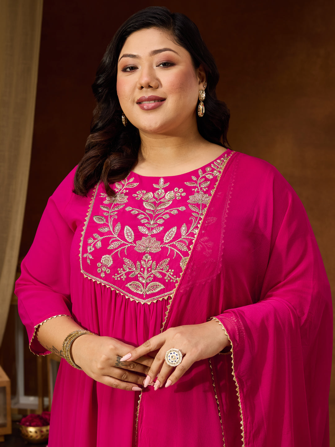 Naari By Shree Women's Plus Size Pink Georgette Yoke Zari Embroidered A-line Kurta Set