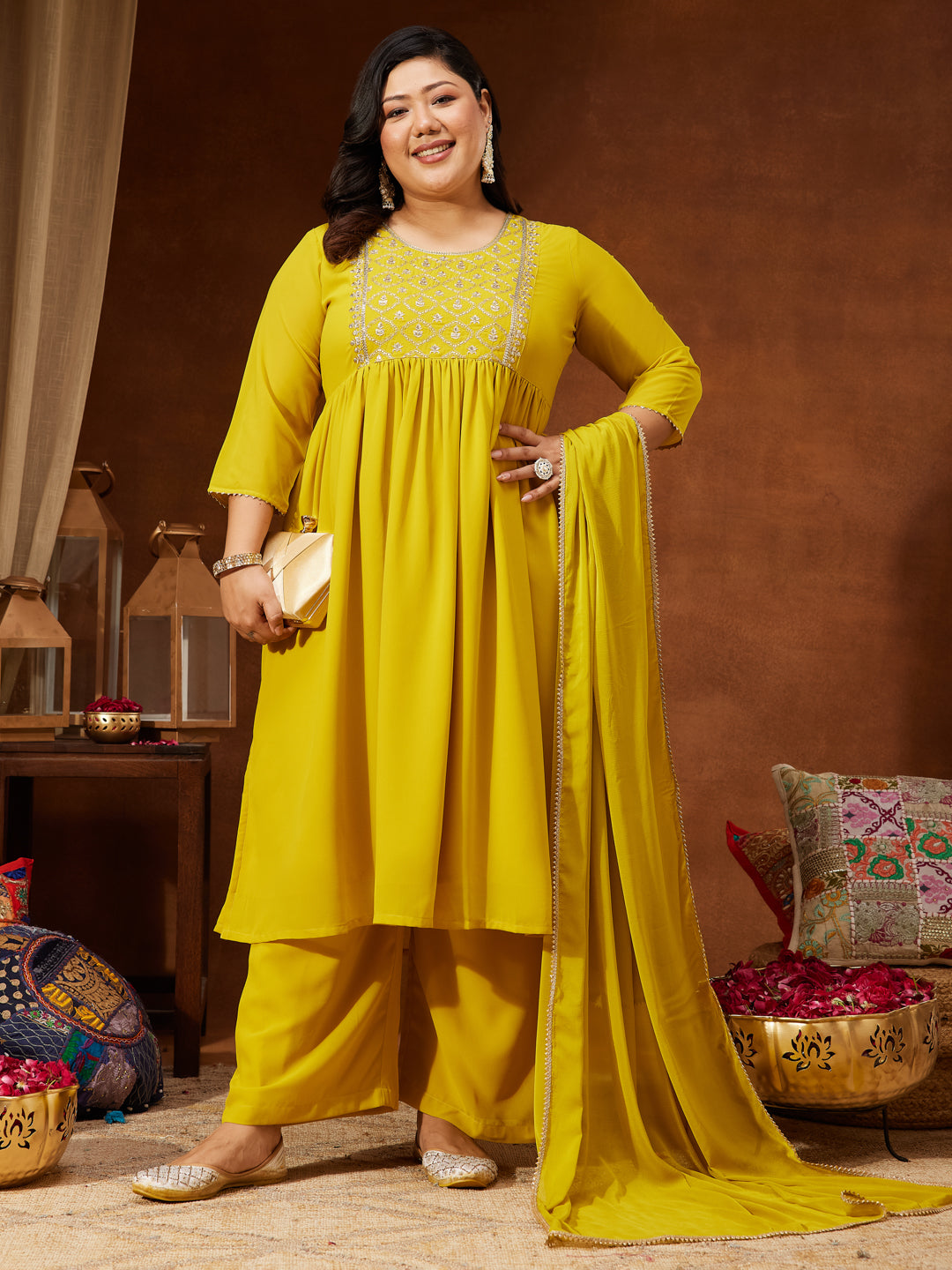 Naari By Shree Women's Plus Size Yellow Georgette Yoke Embroidered A-line Kurta With Palazzo & Dupatta Set