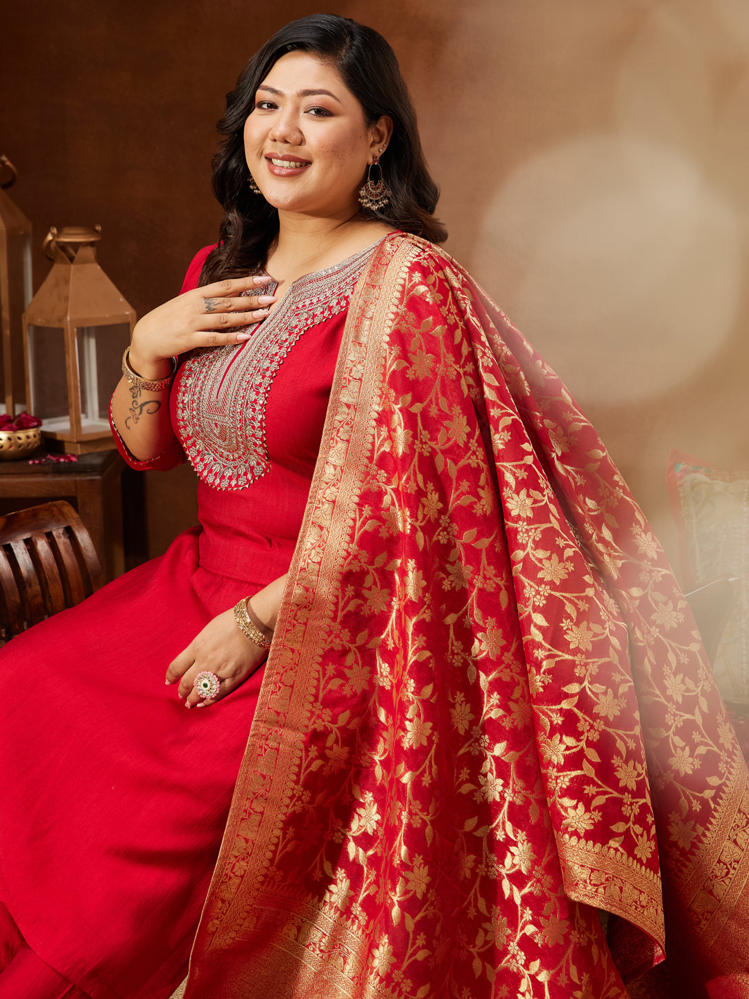 Naari By Shree Women's Plus Size Maroon Silk Blend Zari Embroidered Straight Kurta Set