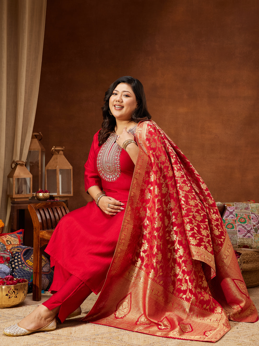 Naari By Shree Women's Plus Size Maroon Silk Blend Zari Embroidered Straight Kurta Set