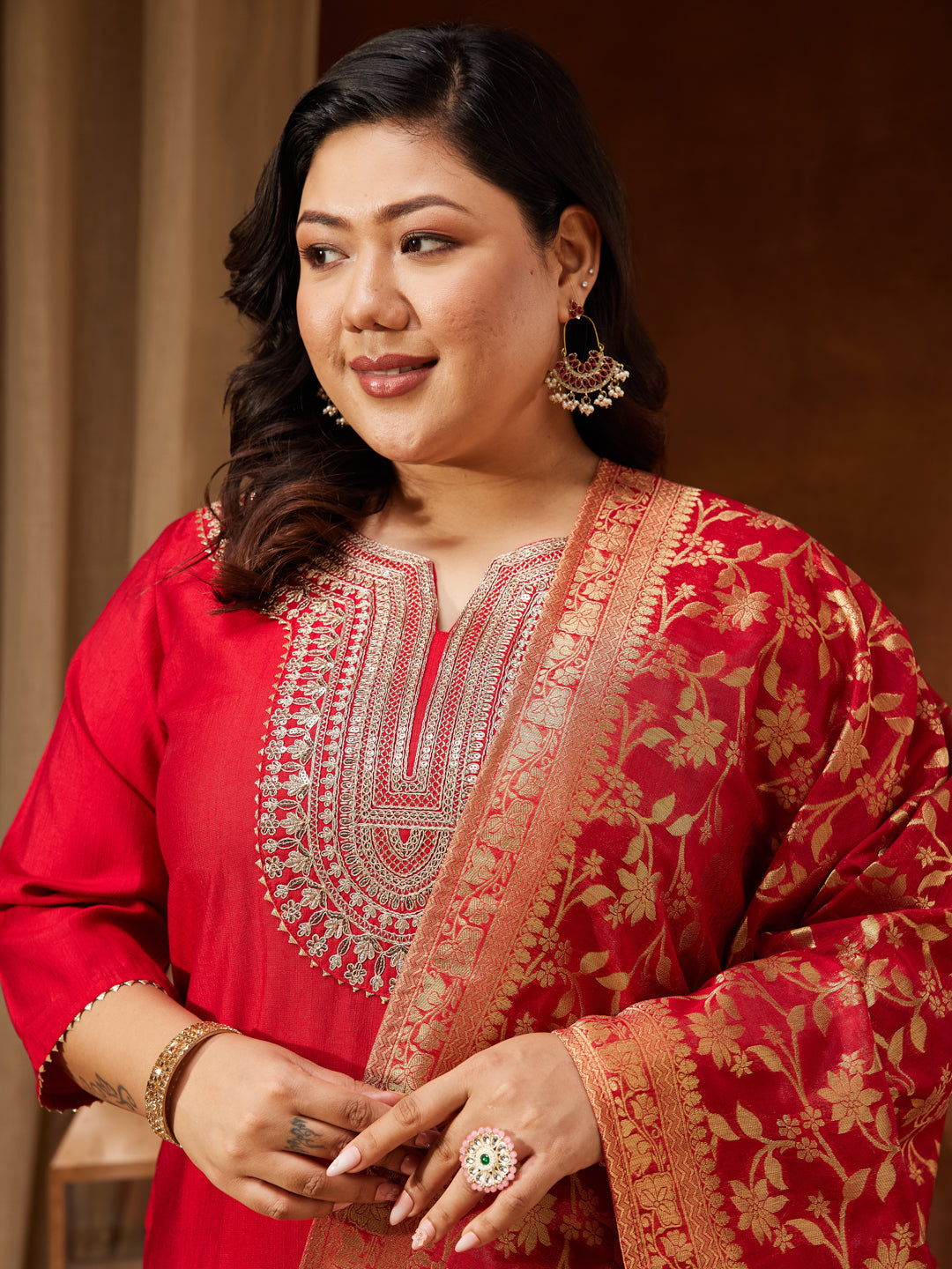 Naari By Shree Women's Plus Size Maroon Silk Blend Zari Embroidered Straight Kurta Set