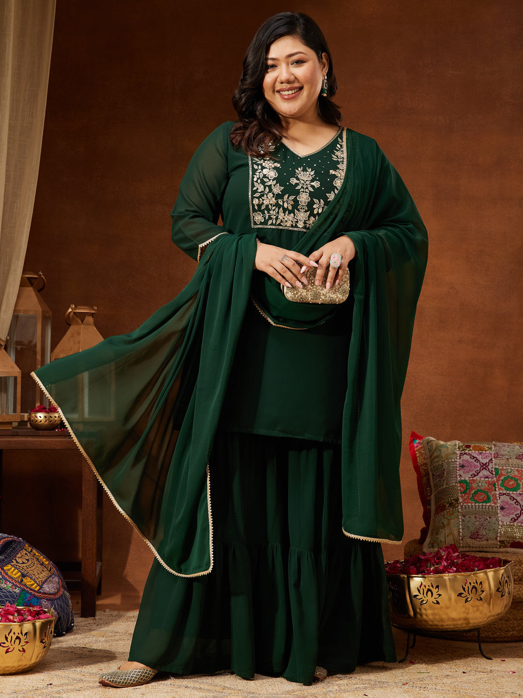 Naari By Shree Women's Plus Size Dark Green Georgette Zari Embroidered Straight Kurti With Sharara & Dupatta Set