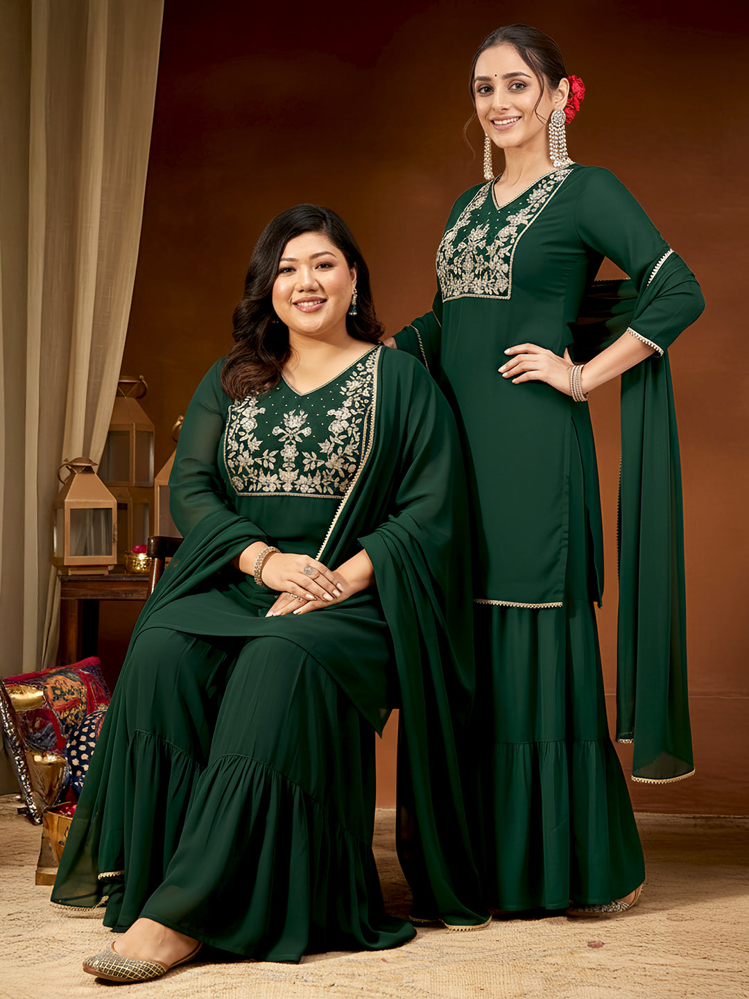 Naari By Shree Women's Dark Green Georgette Zari Embroidered Straight Kurta With Palazzo & Dupatta Set
