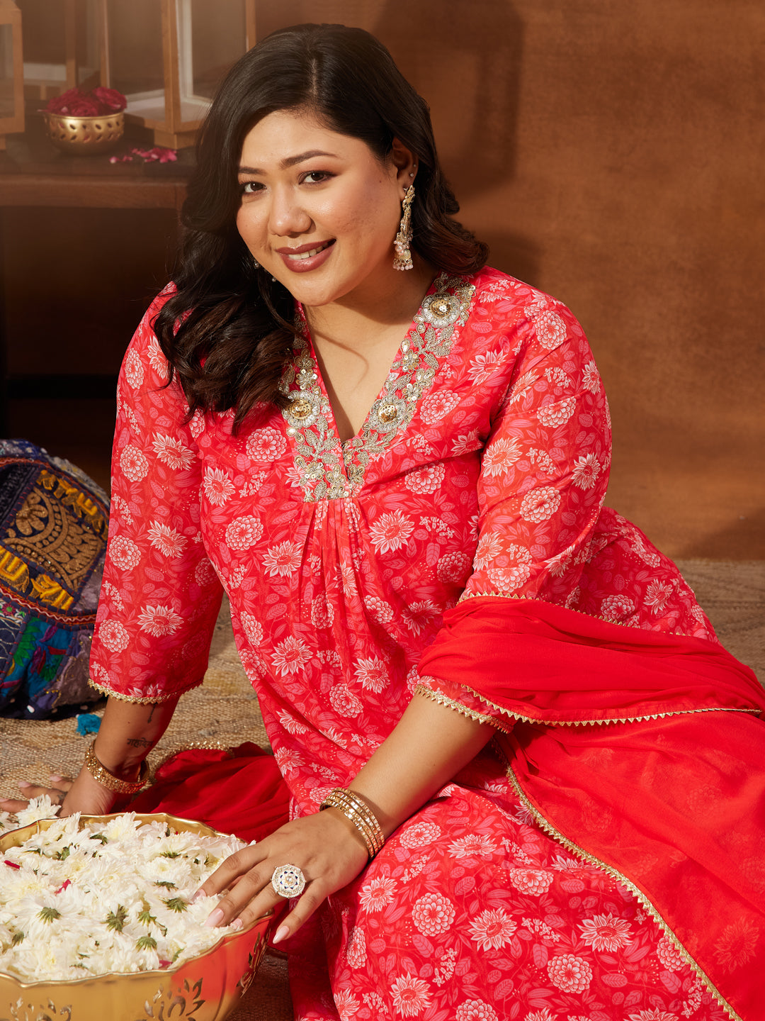 Naari By Shree Women's Plus Size Red Georgette Embellished Floral Printed A-line Kurta Set