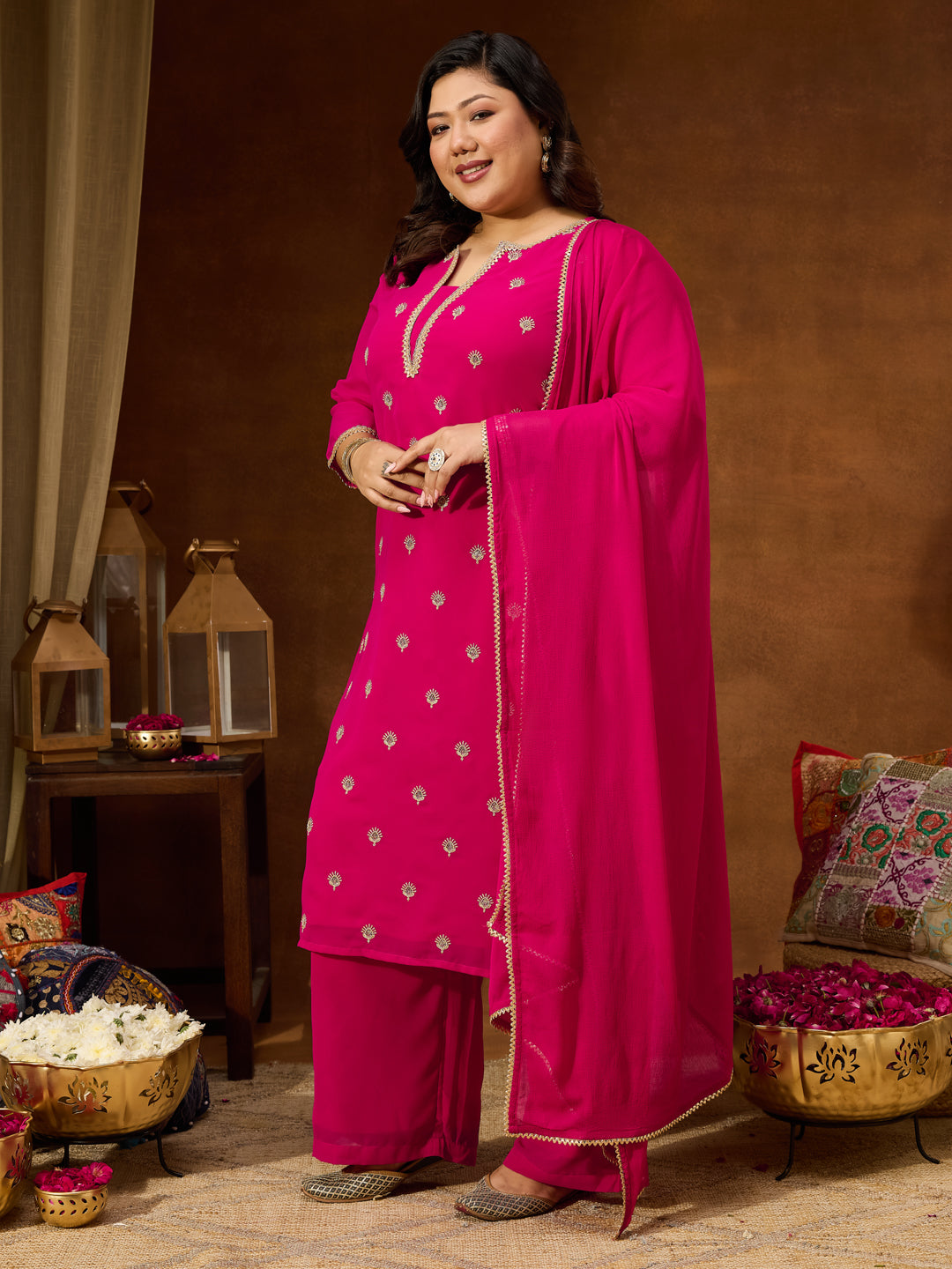 Naari By Shree Women's Plus Size Pink Georgette Embellished Sraight Kurta With Palazzo & Dupatta Set