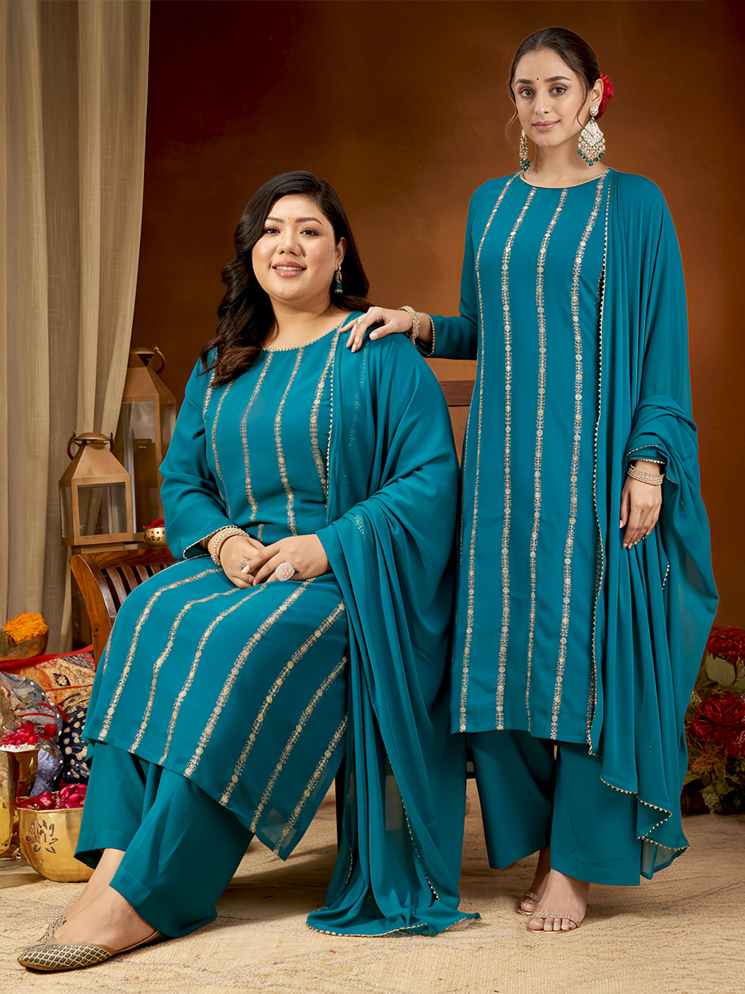Naari By Shree Women's Plus Size Sea Green Georgette Embellished Straight Kurta With Palazzo & Dupatta Set